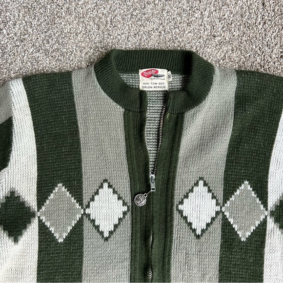 Vintage Green/White Striped Orlon Acrylic Rugby Sportswear Zip Up Cardigan, Med - Picture 2 of 9